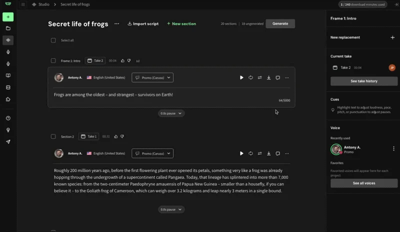 WellSaid Studio project with script clips, takes, and voice settings