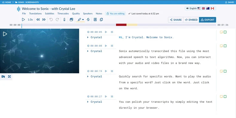 Sonix in-browser transcript editor synced to audio