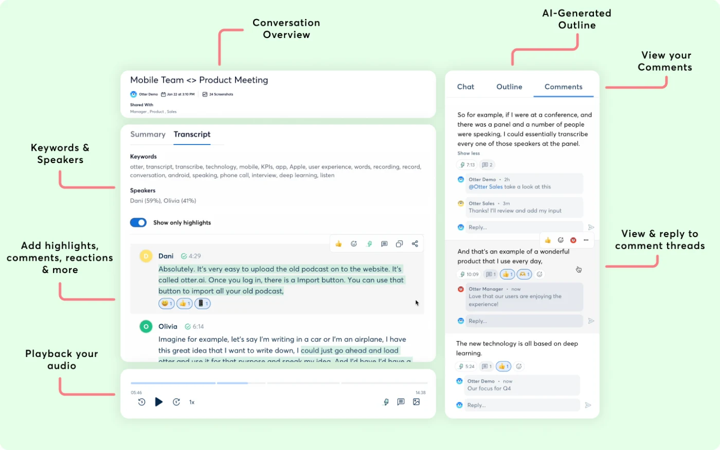 Otter conversation page with transcript, speakers, and playback
