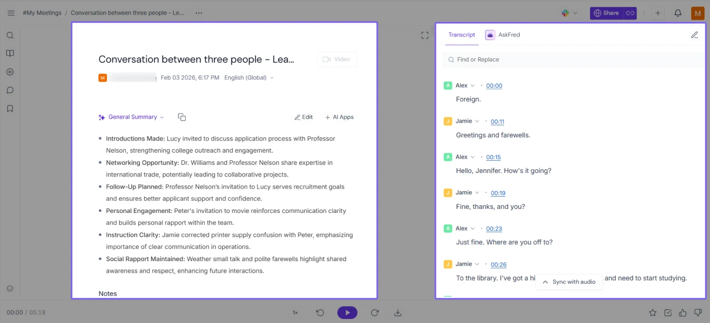 Fireflies Notepad with AI summary beside the meeting transcript