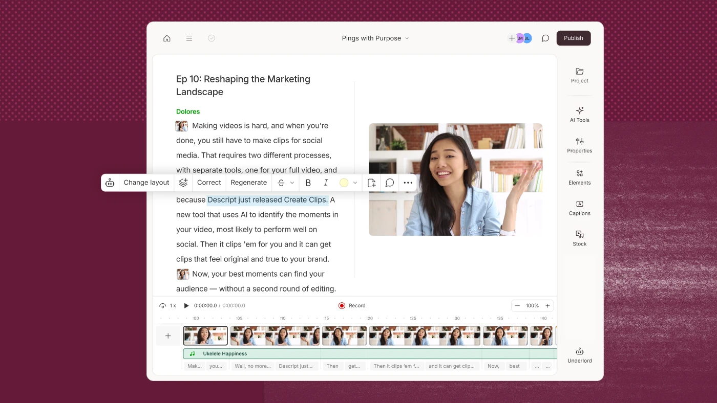 Descript editor with a transcript, editing toolbar, video preview, and timeline