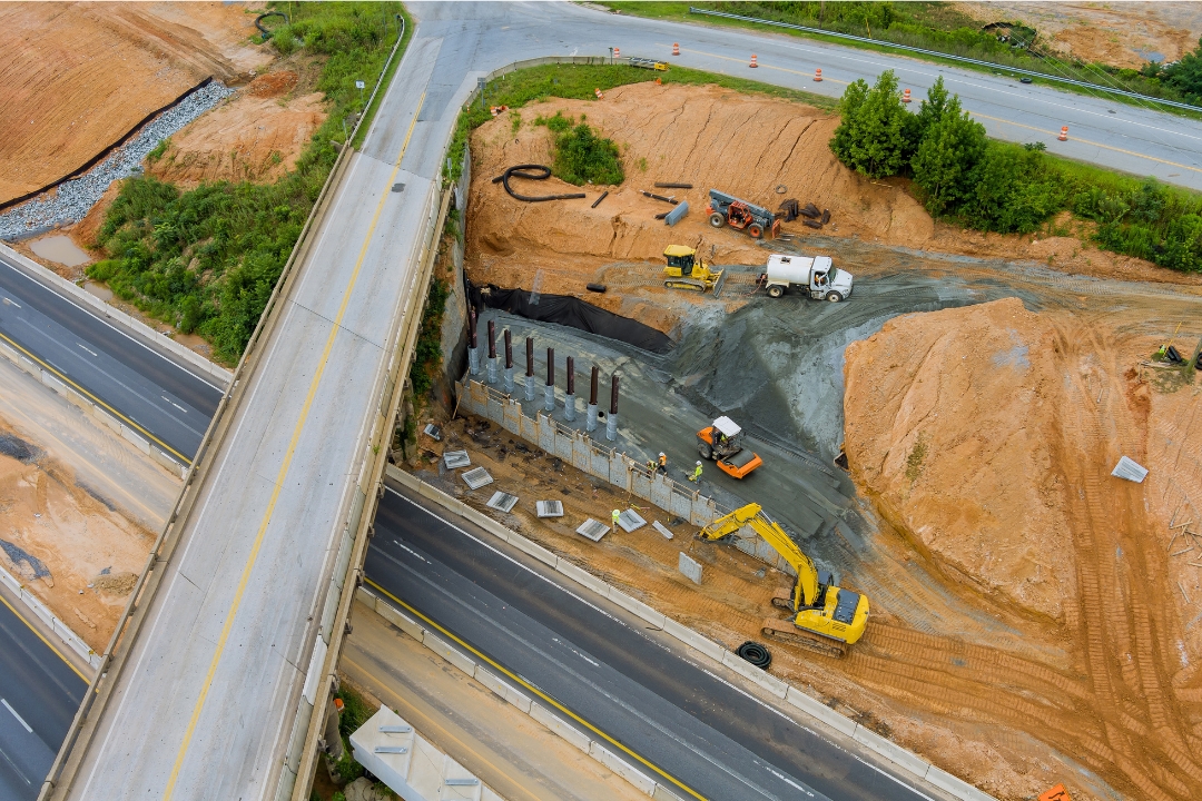 Aerial view of a road construction site