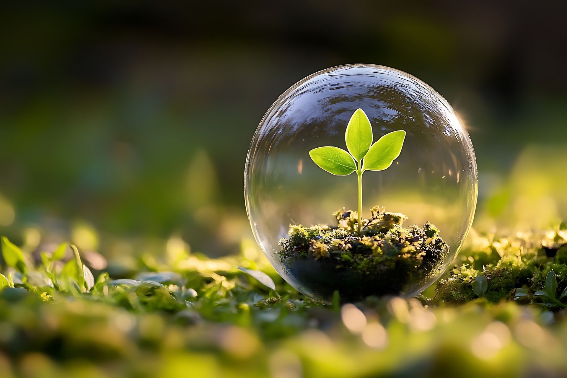 a green plant growing inside a glass sphere, highlighting the need for environmental reforms