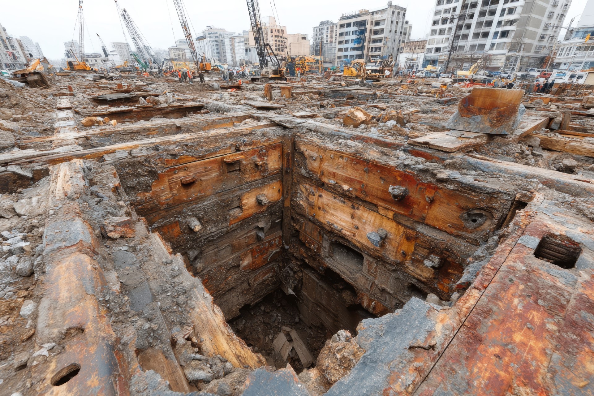 Large excavation site with exposed timber shoring in an urban area, highlighting deep soil conditions for geotechnical assessment.
