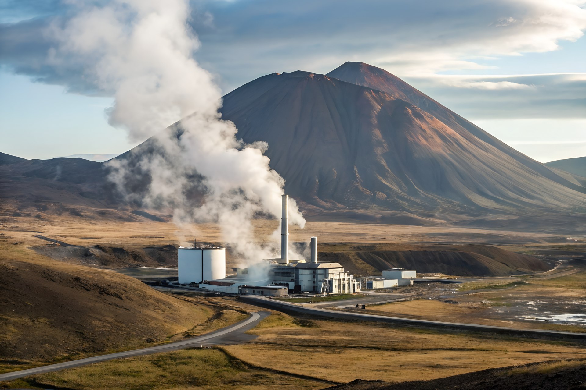 Industrial facility emitting steam at the base of a volcanic mountain, illustrating high-risk developments and environmental evidence in geologically active areas.