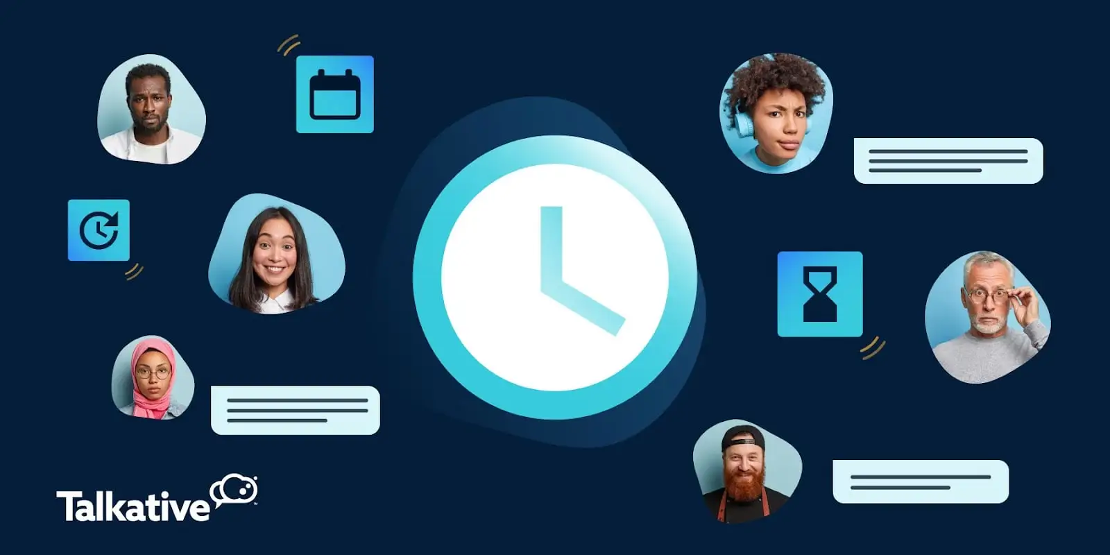 Customer and contact center faces surrounding a clock 