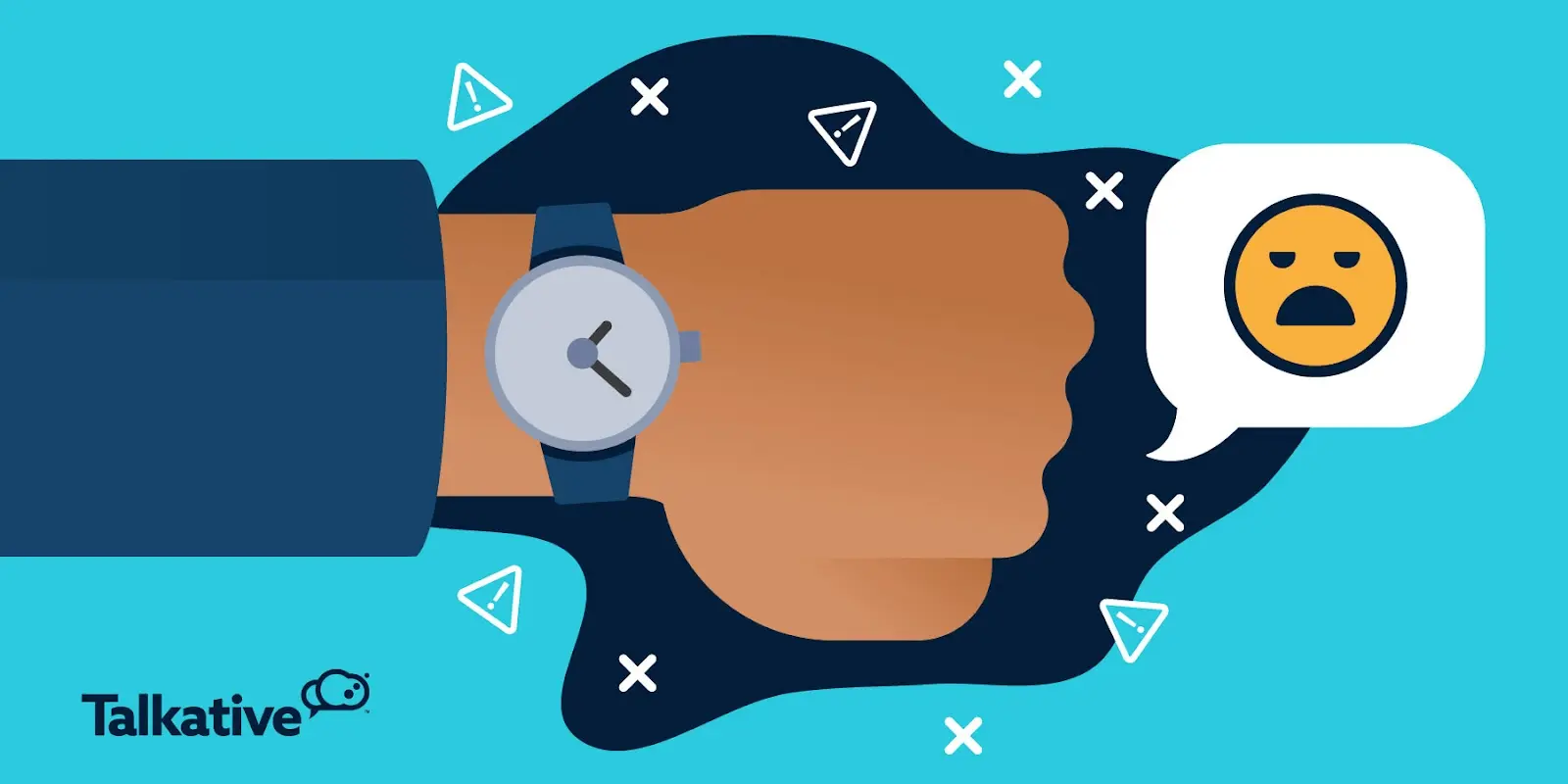a watch on a wrist and an emoji representing customer frustration