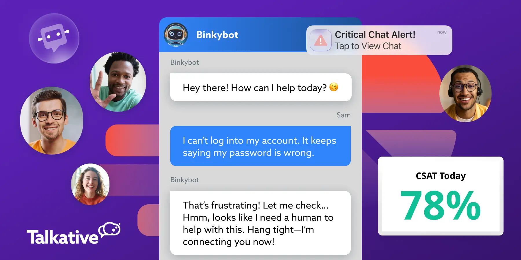 Illustration of AI automation featuring an AI agent escalating a customer issue to a human agent, alongside CSAT metrics support alerts