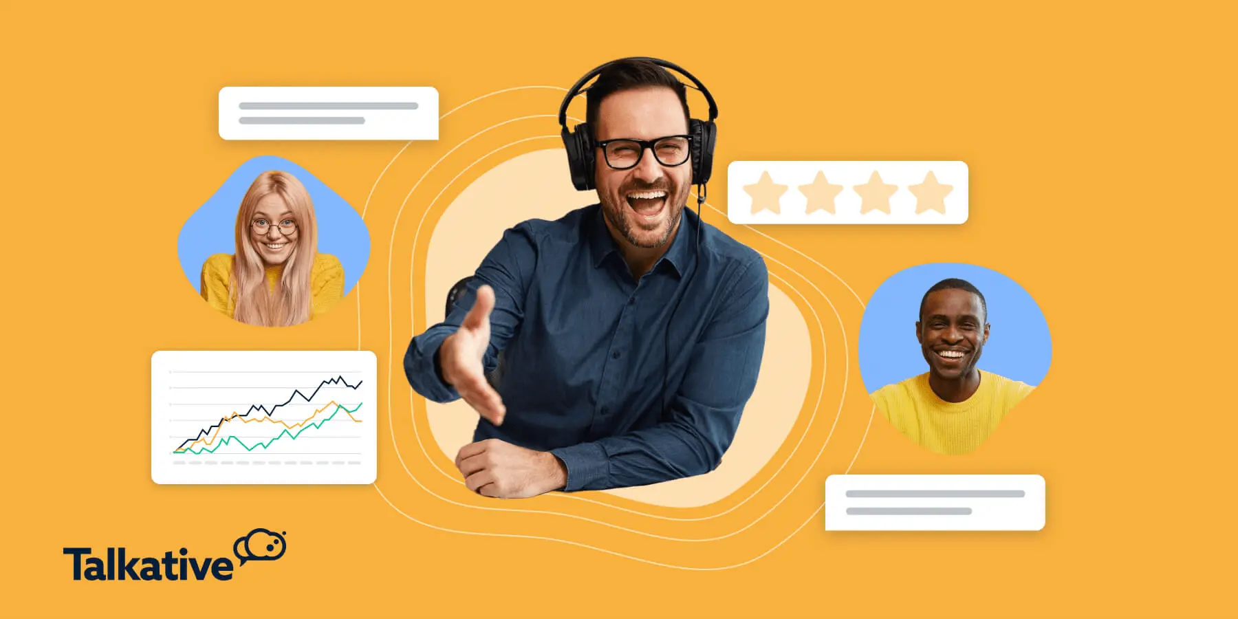 smiling CSM extending a welcoming handshake, surrounded by smiling customer portraits, star ratings, chat bubbles, and a rising analytics graph