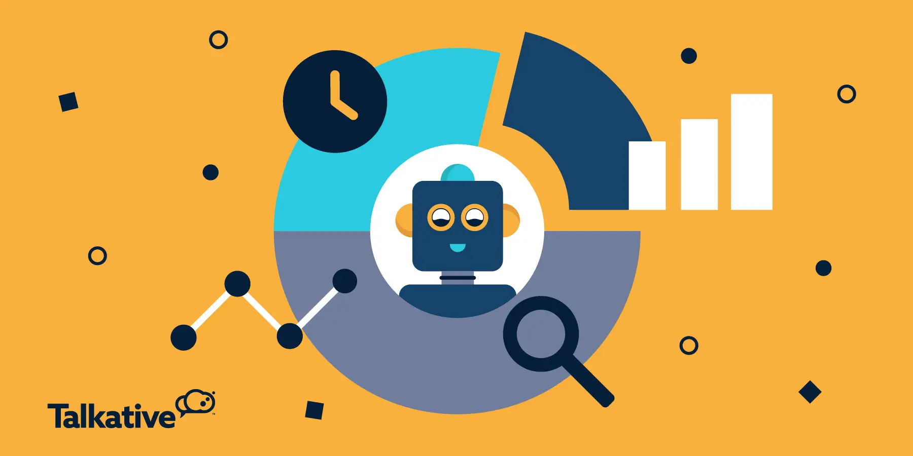 chatbot in the center of a circular data chart surrounded by analytics icons