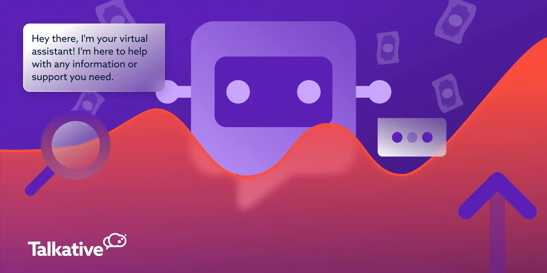 chatbot with a speech bubble surrounded by money icons with an upwards arrow and magnifying glass