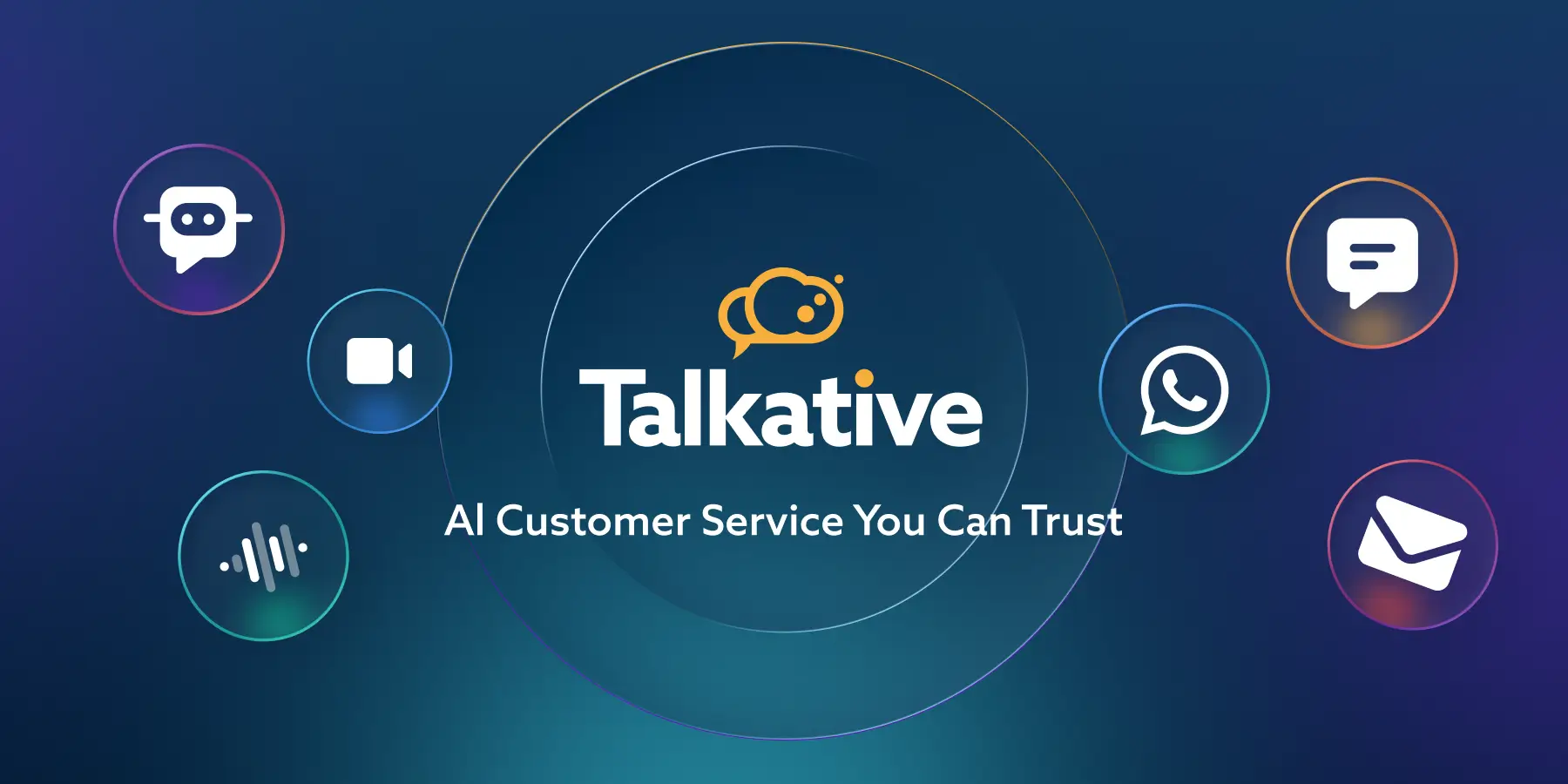 Talkative logo and tagline surrounded by AI and channel icons