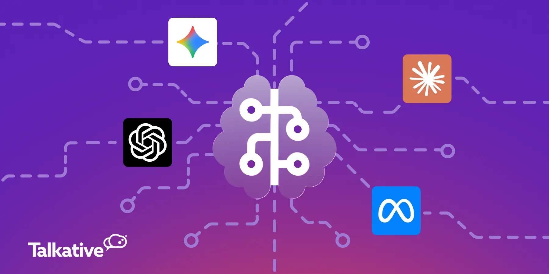 Image showing multiple large language model (LLM) provider logos connected to a central AI system