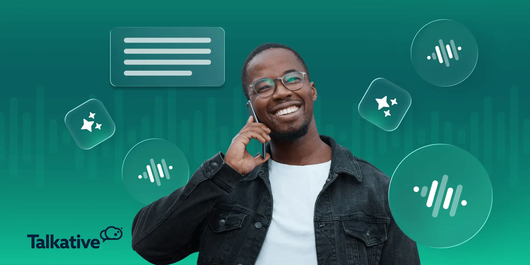 A happy, smiling customer using voice AI support on a mobile phone