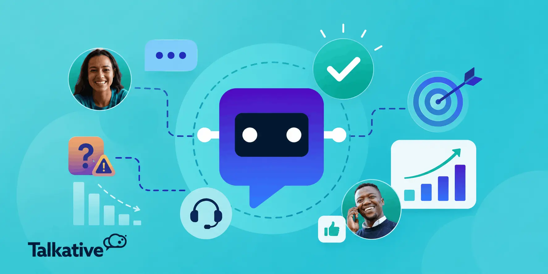 Illustration showing an AI Agent connected to resolution, analytics, customer satisfaction, and support outcomes.