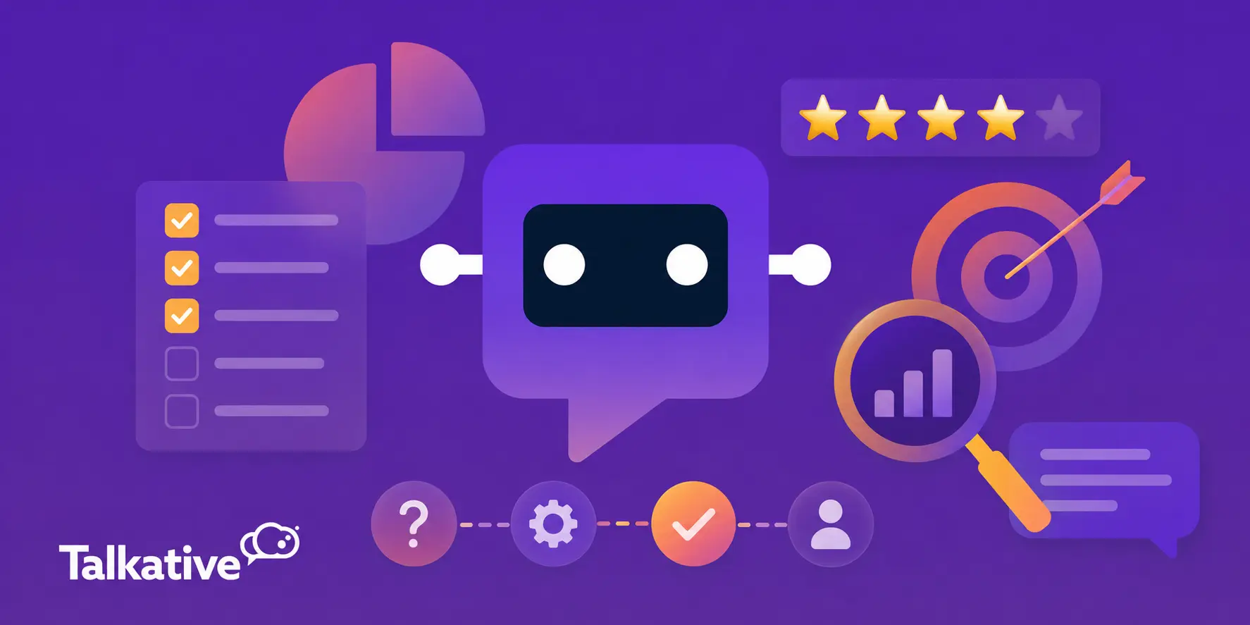 Illustration of an AI agent surrounded by testing, performance, customer rating, analytics, and target icons.
