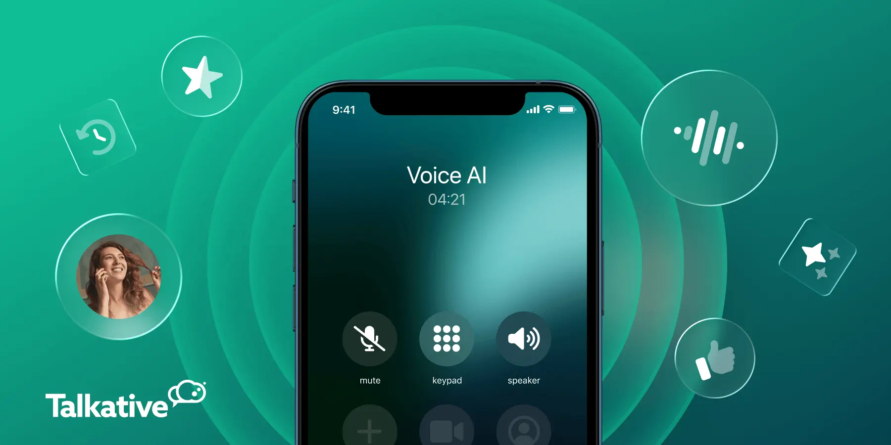 Illustration of a smartphone on a Voice AI call, surrounded by a happy customer on the phone plus audio, review, history, and satisfaction icons.