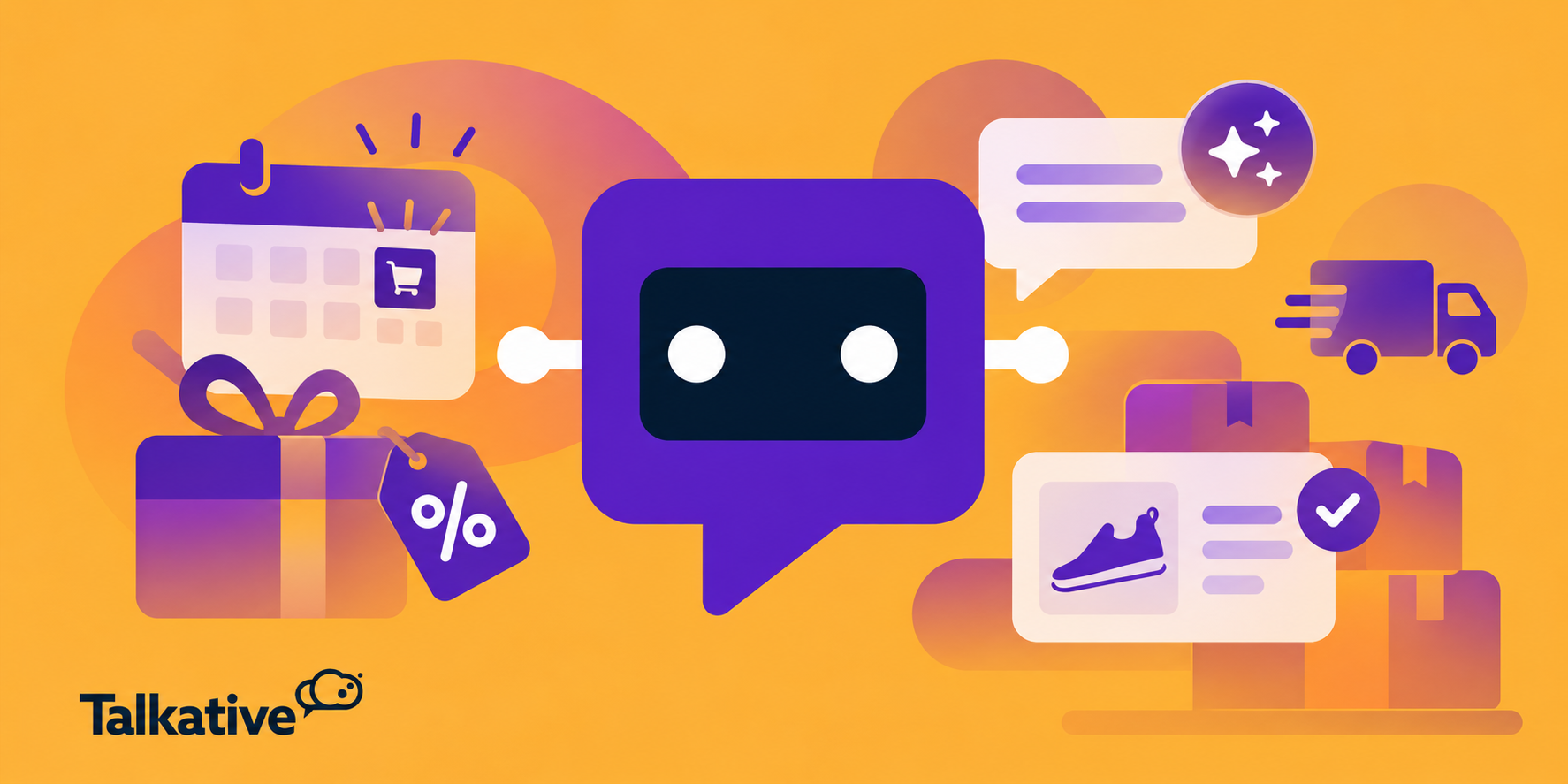 Illustration of an AI Agent surrounded by Black Friday shopping icons, including a discount tag, calendar, delivery truck and order confirmation