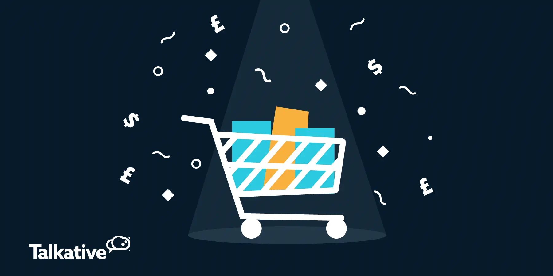 Illustration of an ecommerce shopping cart filled with products, surrounded by currency symbols