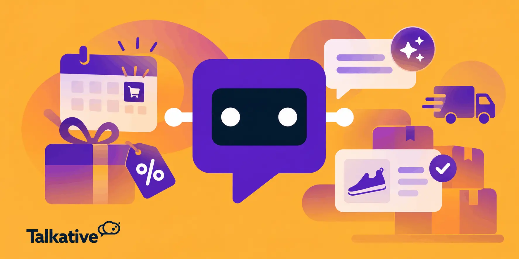 Illustration of an AI Agent surrounded by Black Friday shopping icons, including a discount tag, calendar, delivery truck and order confirmation
