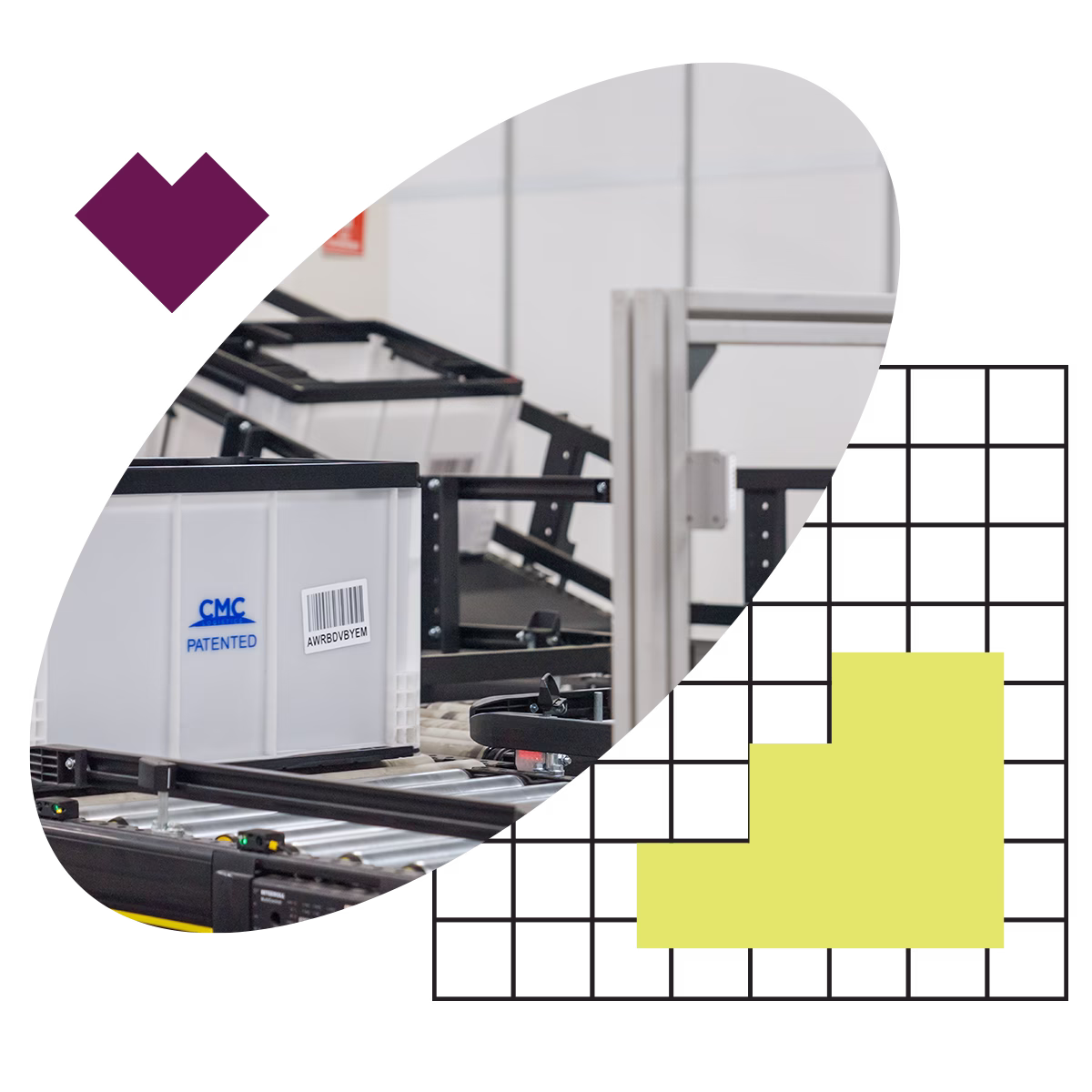 A box with a barcode on it is in front of a machine.