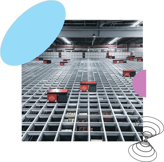 A large warehouse with many red boxes.