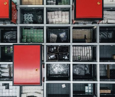 A red box with a white tag on it.