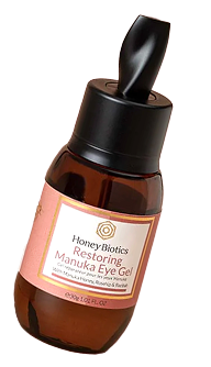 A bottle of Honey Biotics Restoring Manuka Eye Gel.