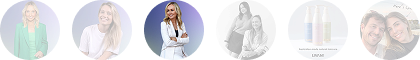 A woman in a white shirt and black skirt is standing in front of a purple background.