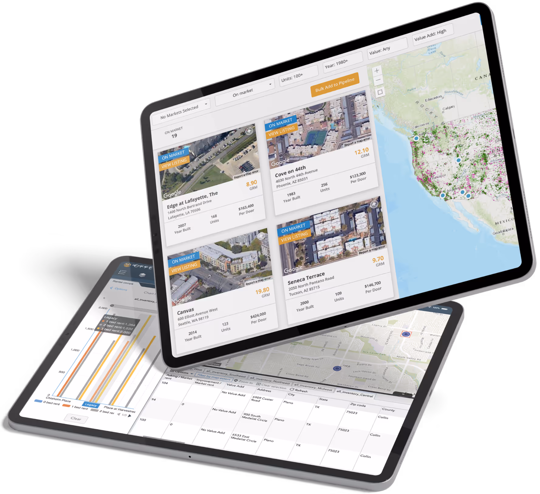 A pair of iPads displaying images of Offerd's platform