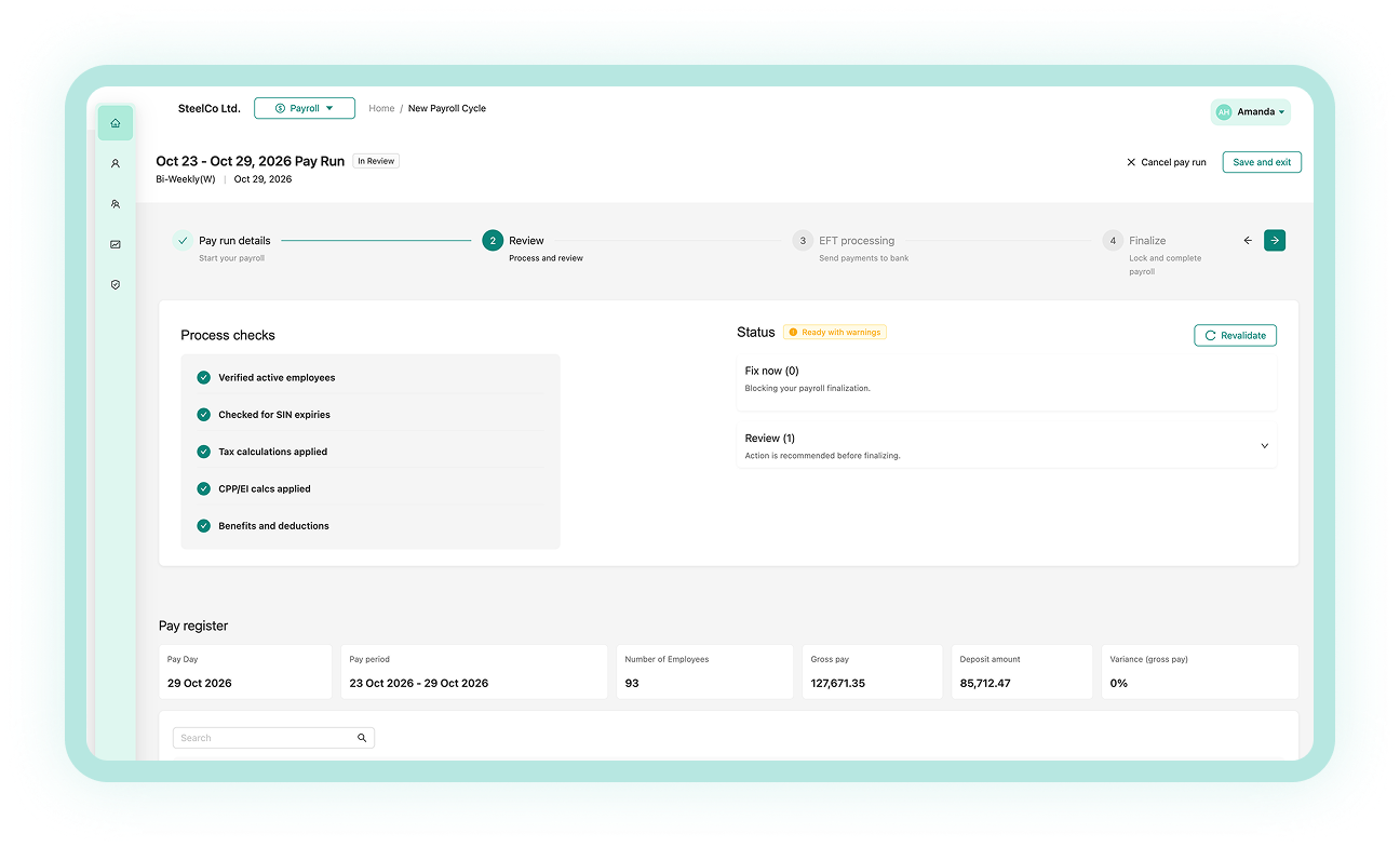 Avanti payroll run screen showing completed process checks and the pay register for a pay period