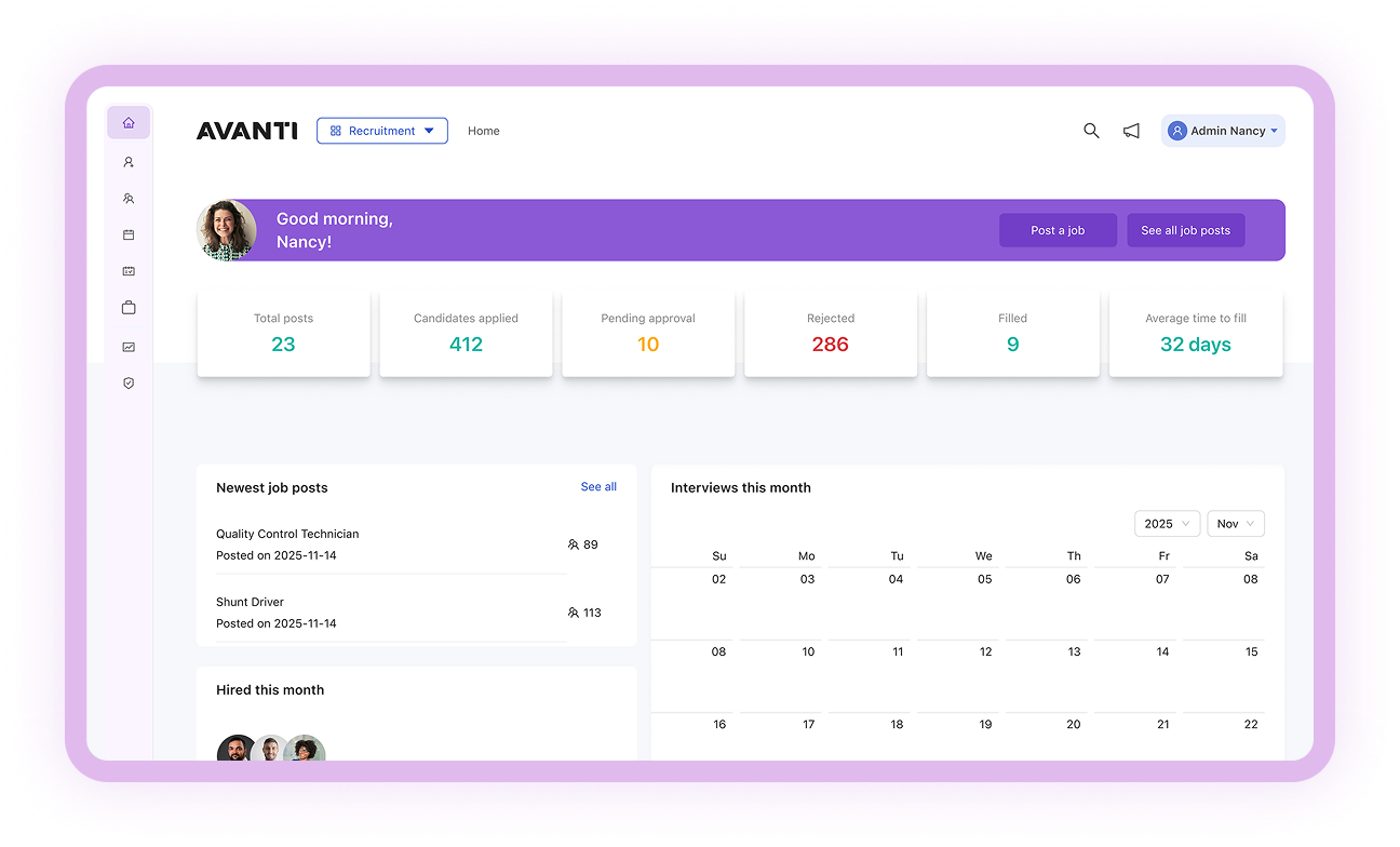 Avanti recruitment dashboard showing open job posts, candidate pipeline metrics and an interview calendar