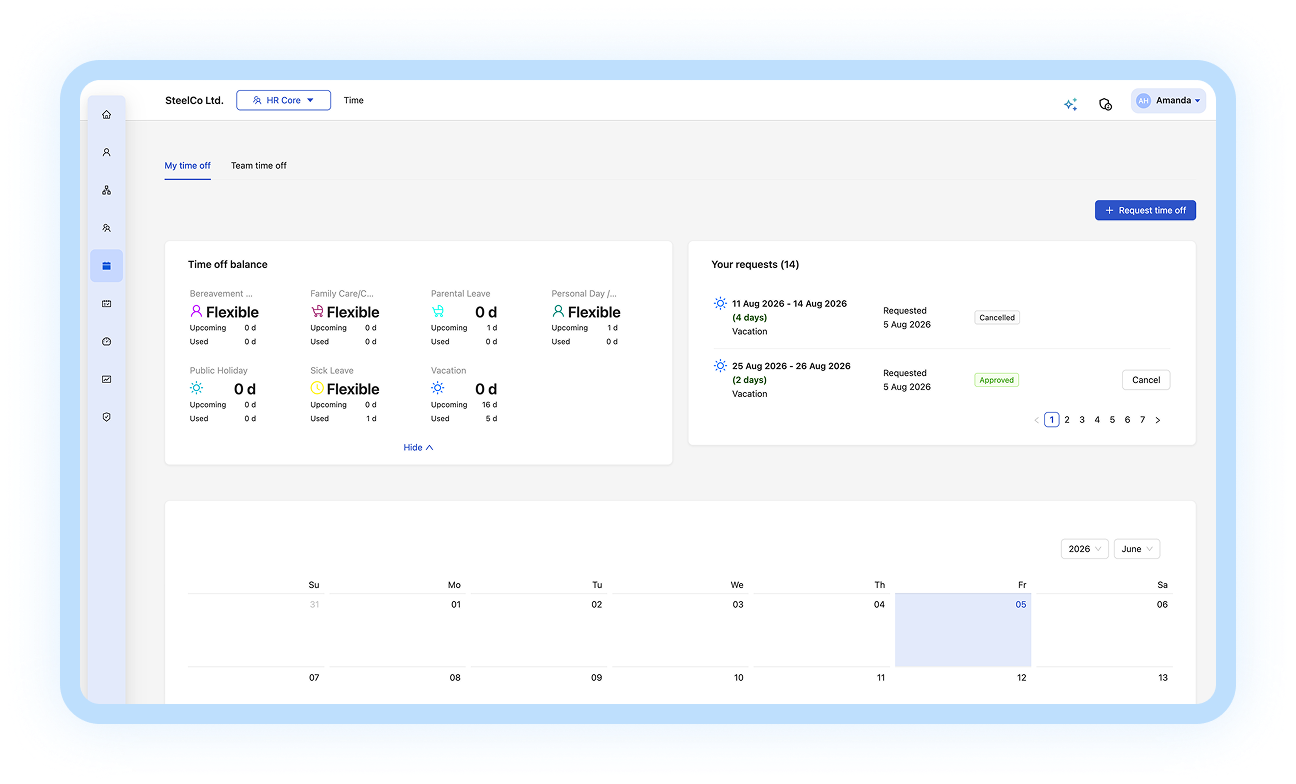 Avanti time off screen showing employee balances, pending requests and a booking calendar