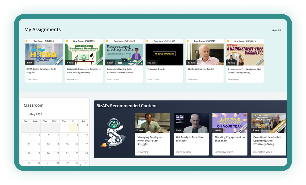 Avanti learning management screen showing training playlists, recent learning and new course releases