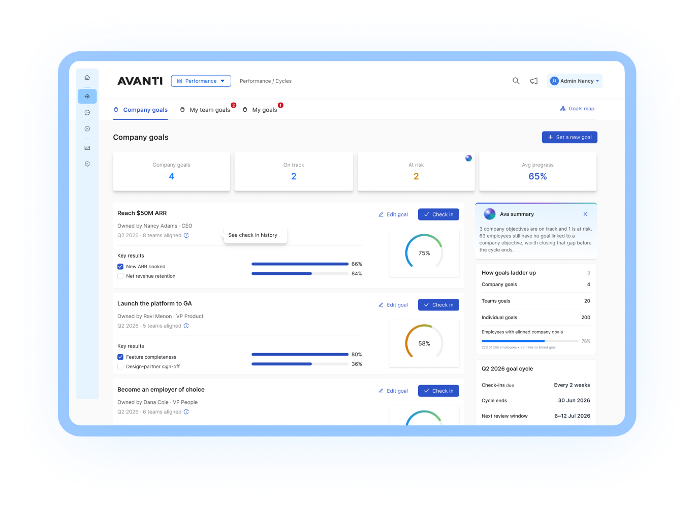 Avanti company goals with key results, progress rings and check-ins, showing how company, team and individual goals ladder up
