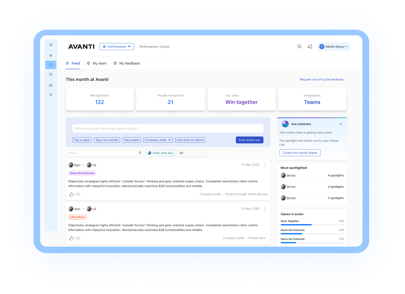 Avanti employee recognition feed showing shoutouts tagged to company values and a values in action summary