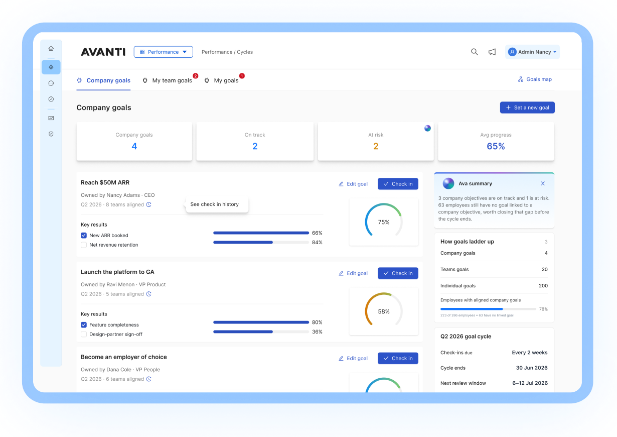 Avanti performance goals screen showing company goals with key results, linked team and individual goals, progress rings, and check-in buttons