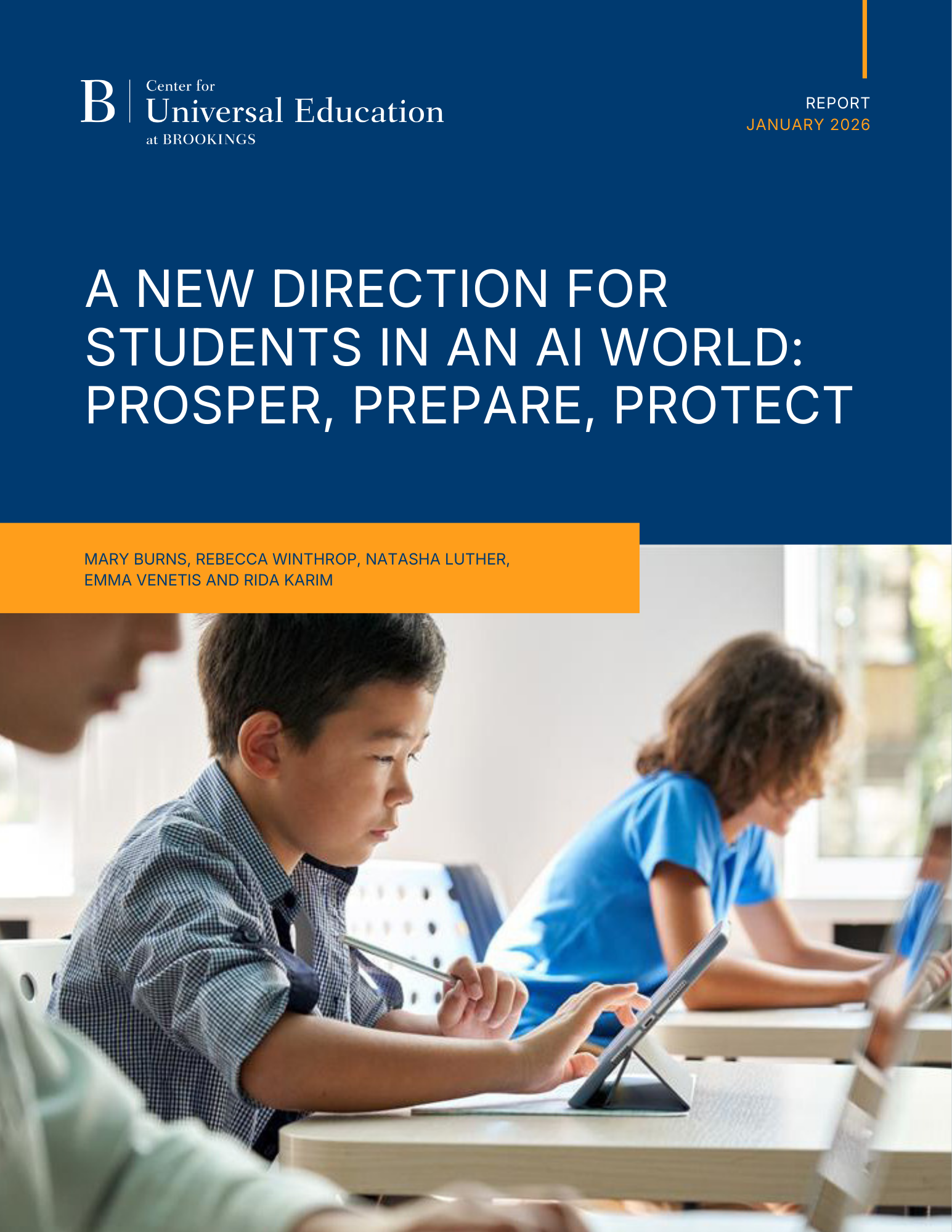 Front page example for the white paper "A New Direction For Students In An AI World: Prosper, Prepare, Protect"