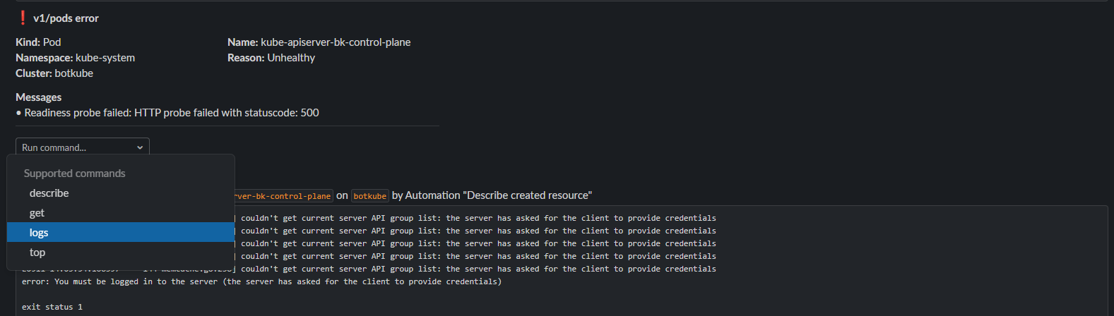 Running Kubectl Logs command from Slack to describe a pod error