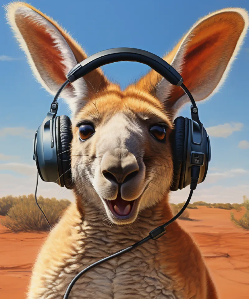 A kangaroo wearing a headset