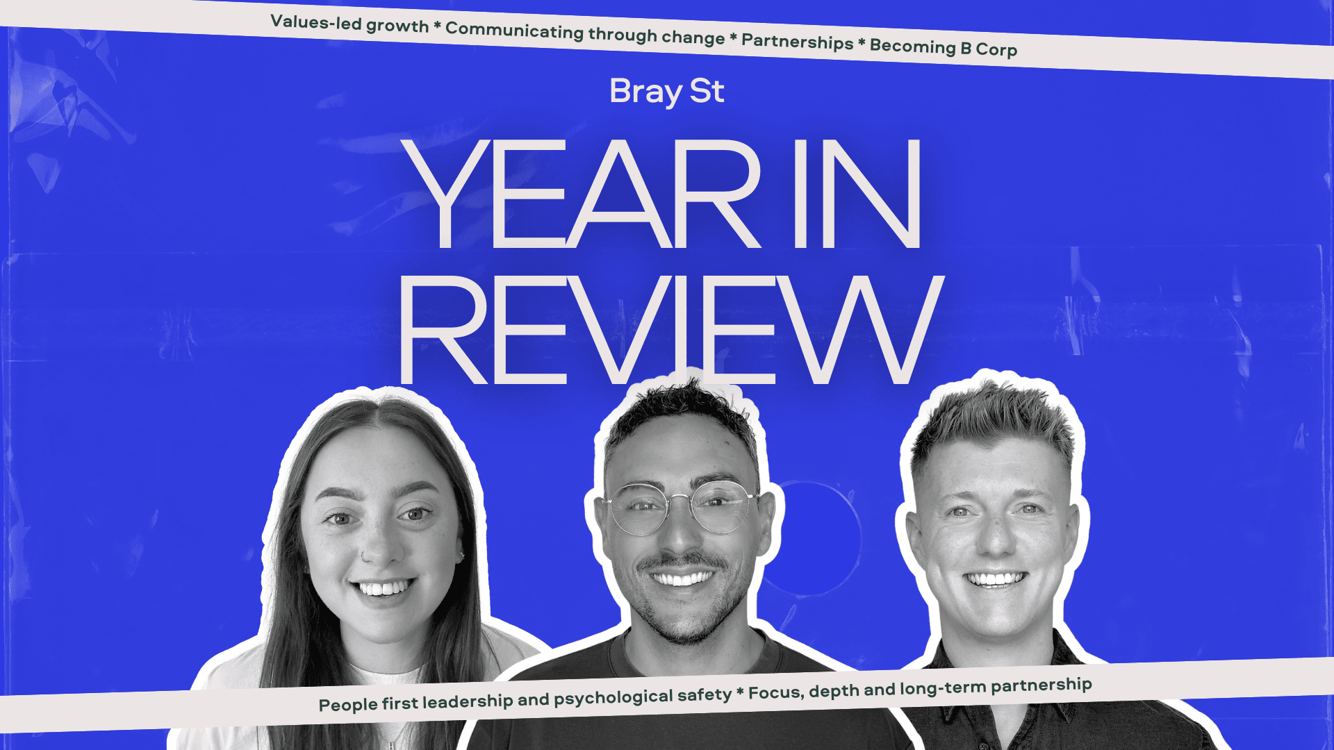 Blue background image with three of Bray St's directors smiling to the camera