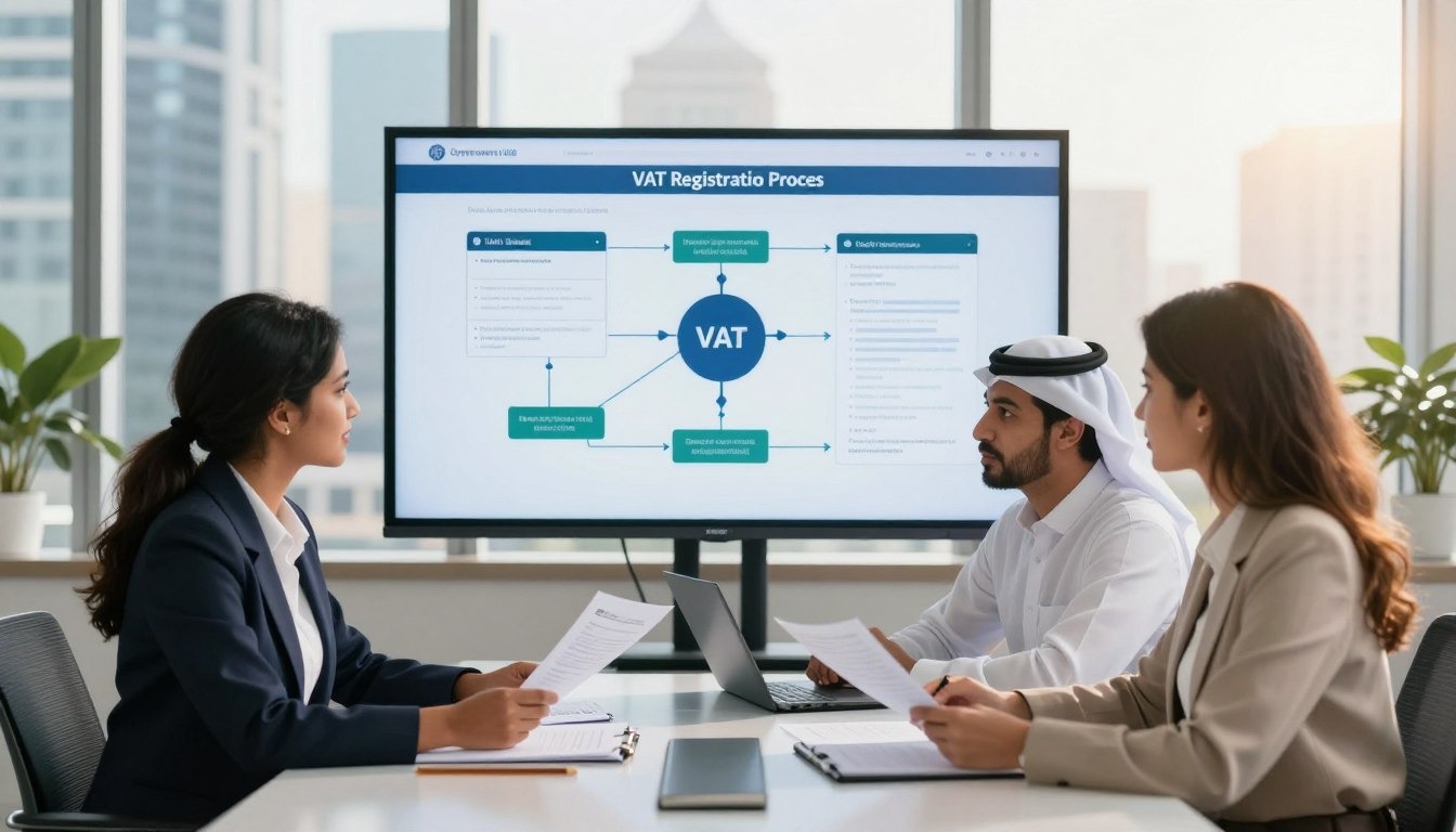 A modern office setting illustrating the VAT registration process in the UAE. In the foreground, a diverse group of three professionals in business attire (a South Asian woman, a Middle Eastern man, and a Caucasian woman) are engaged in a discussion, examining documents on a sleek conference table. The middle ground features a large screen displaying flowcharts and steps outlining the VAT registration process, incorporating visuals of government websites and forms. The background shows large windows with a view of a bustling cityscape, bathed in warm natural sunlight. Soft, inviting colors create a professional yet approachable atmosphere, emphasizing collaboration and attention to detail in the VAT registration journey. The scene should convey a sense of diligence and clarity, capturing the importance of the process without any text or branding elements.