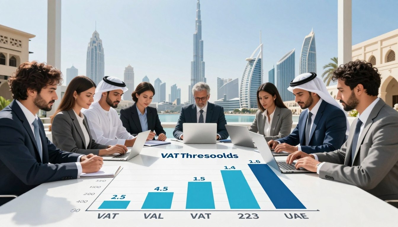A visually engaging infographic illustrating VAT registration thresholds in the UAE. In the foreground, a well-organized chart displays ascending VAT threshold figures, clearly labeled. The middle ground features a silhouette of a diverse group of business professionals, dressed in professional attire, gathered around a table with digital devices, analyzing VAT data. In the background, iconic UAE landmarks such as the Burj Khalifa and traditional souks illustrate the local context. The lighting is bright and professional, with a clean and modern aesthetic. The atmosphere conveys urgency and clarity, emphasizing the importance of understanding eligibility criteria for VAT registration. Utilize a wide-angle lens for a dynamic composition, ensuring a polished and informative look.
