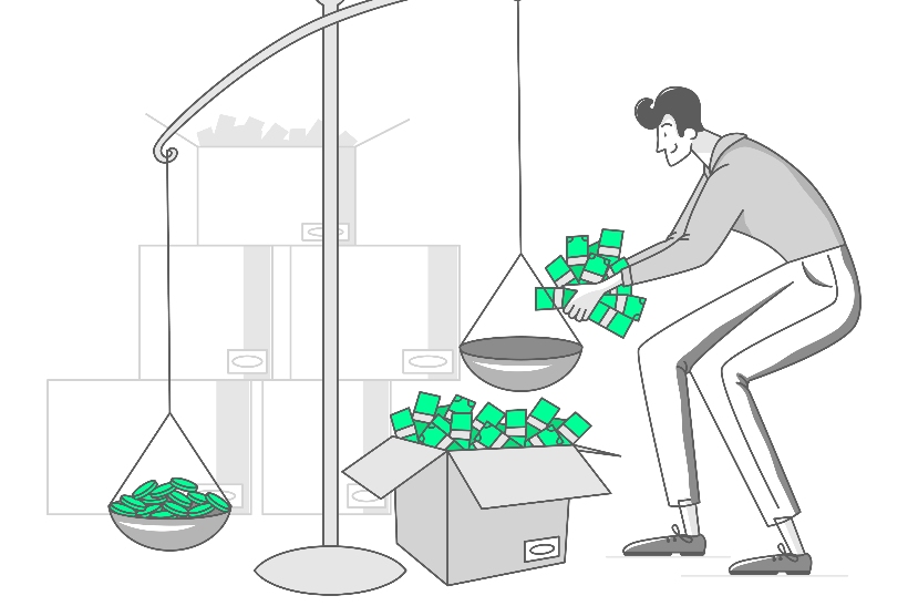 A man is holding a bowl full of money and standing next to a scale.