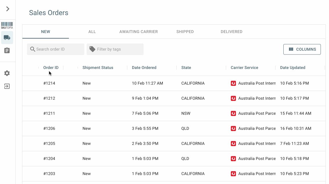 A table with a list of shipping carriers including Australia Post.