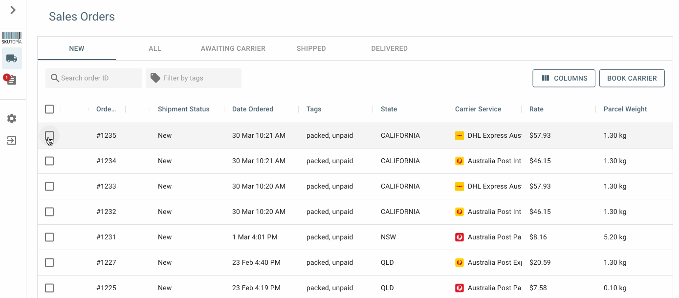A screen showing a list of packages with the date and time of the shipment.