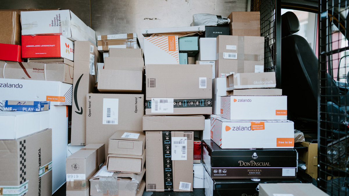 A pile of boxes with one that says Zalando.
