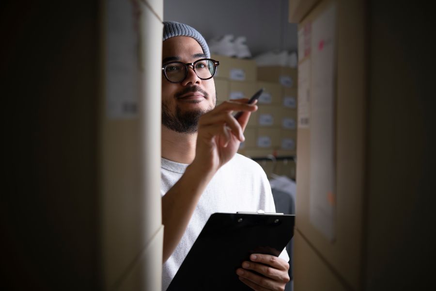 Warehouse worker reviewing stock with clipboard and boxes, ensuring accurate inventory.
