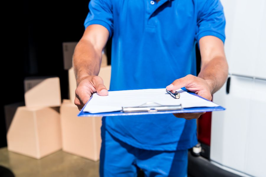 Delivery worker holding a clipboard for package return, illustrating best RMA practices.