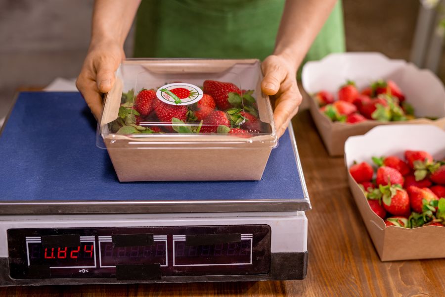 Worker weighing a packaged box of strawberries on a digital scale in a market setting
